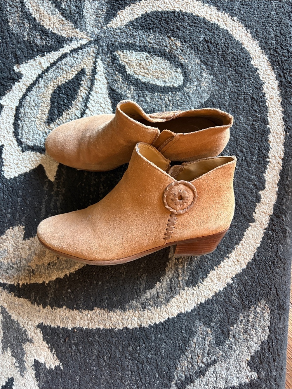 Jack Rogers Tan Suede Ankle Booties with Button Accent